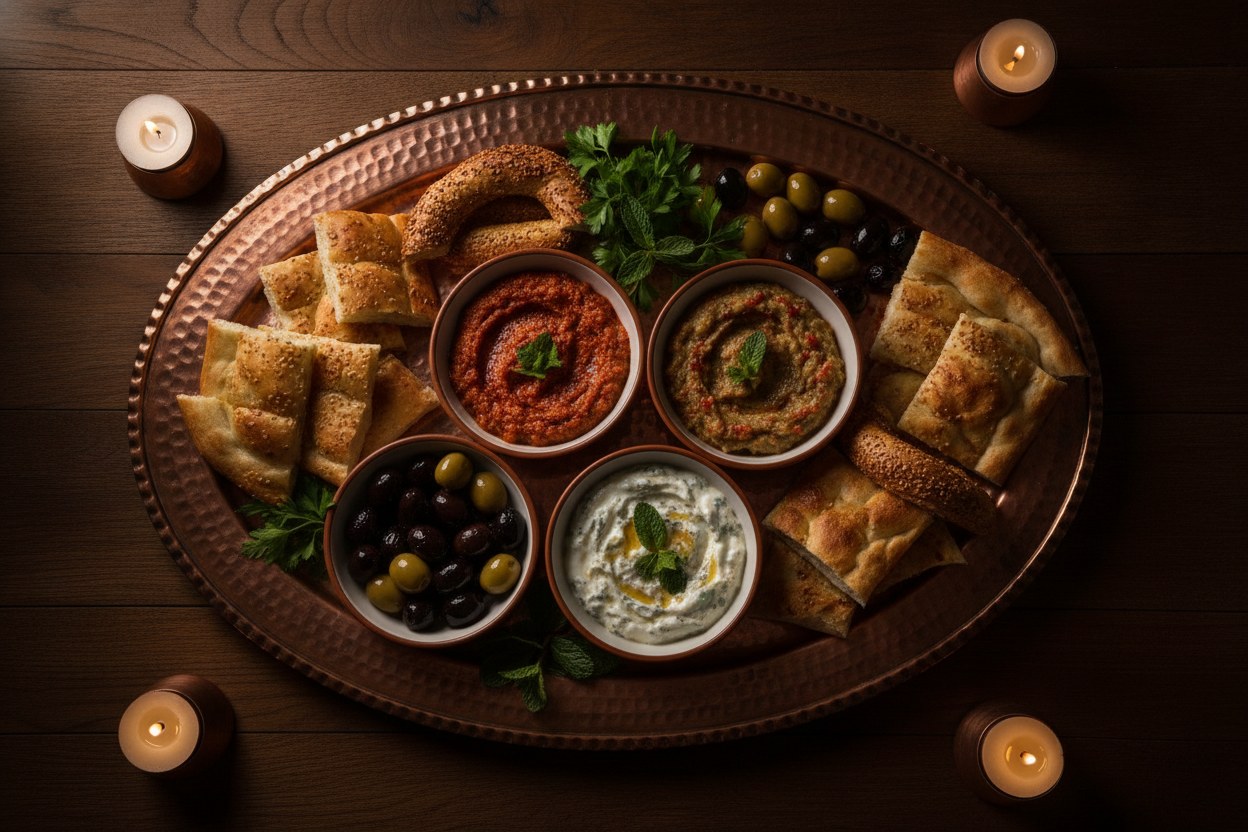 Mumlar eşliğinde meze dolu oval bakır tepsi